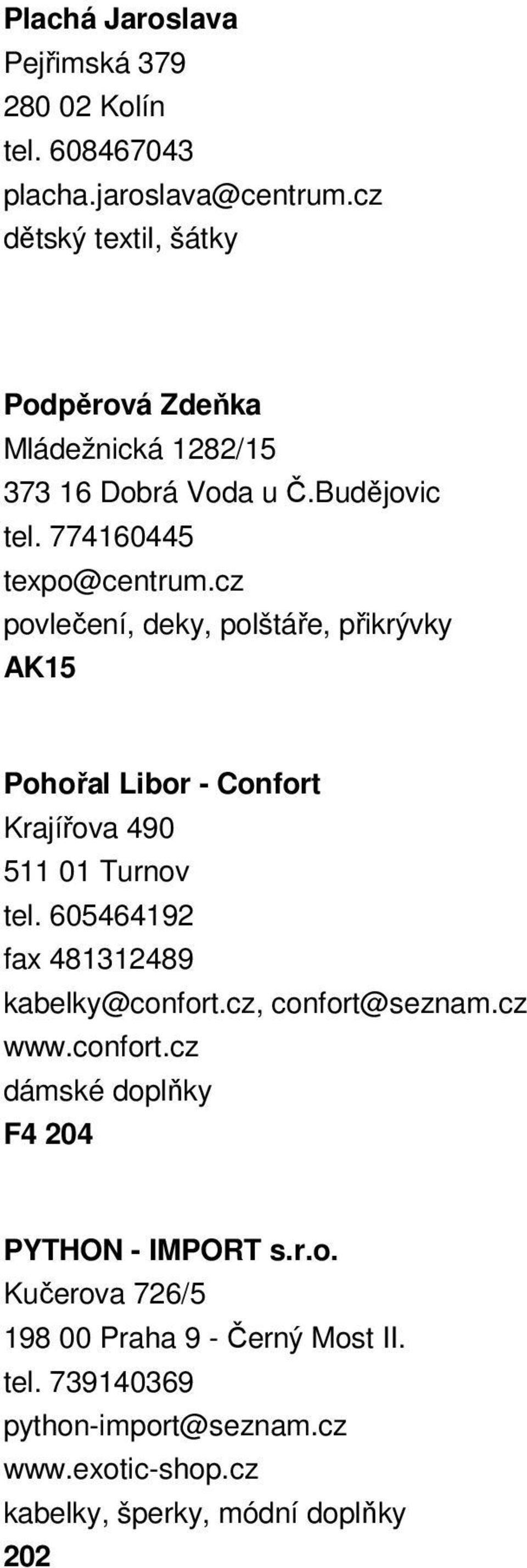 cz povlečení, deky, polštáře, přikrývky AK15 Pohořal Libor - Confort Krajířova 490 511 01 Turnov tel. 605464192 fax 481312489 kabelky@confort.