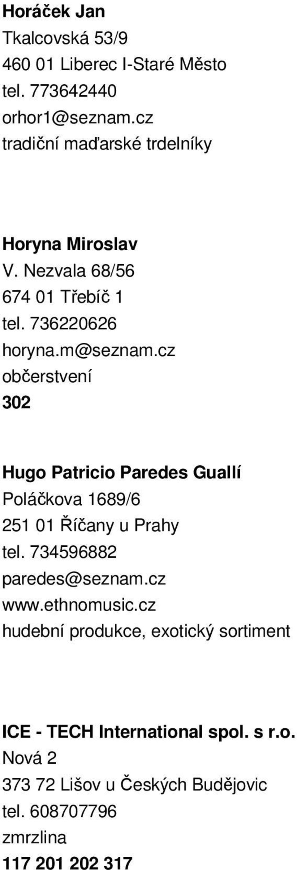 cz občerstvení 302 Hugo Patricio Paredes Guallí Poláčkova 1689/6 251 01 Říčany u Prahy tel. 734596882 paredes@seznam.