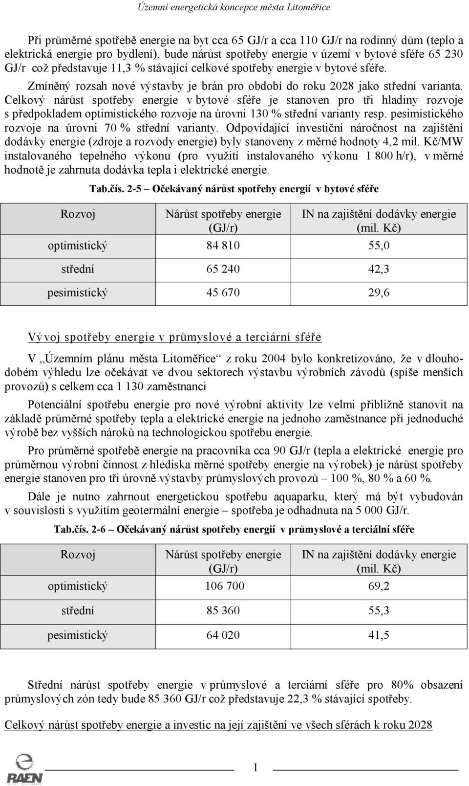 Celkový nárůst spotřeby energie v bytové sféře je stanoven pro tři hladiny rozvoje s předpokladem optimistického rozvoje na úrovni 130 % střední varianty resp.