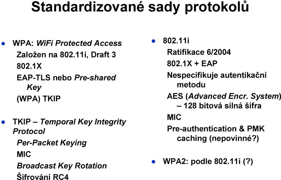 Broadcast Key Rotation Šifrování RC4 802.11i Ratifikace 6/2004 802.