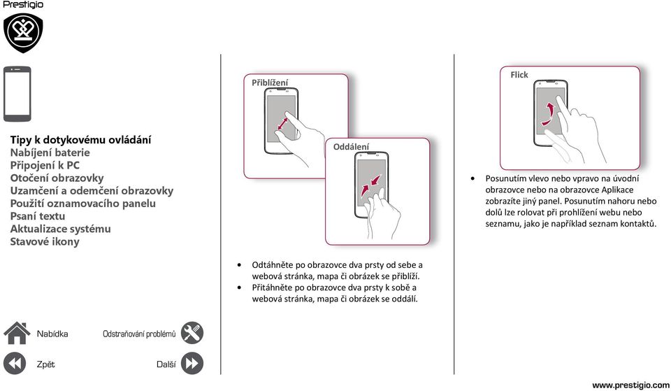 přiblíží. Přitáhněte po obrazovce dva prsty k sobě a webová stránka, mapa či obrázek se oddálí.