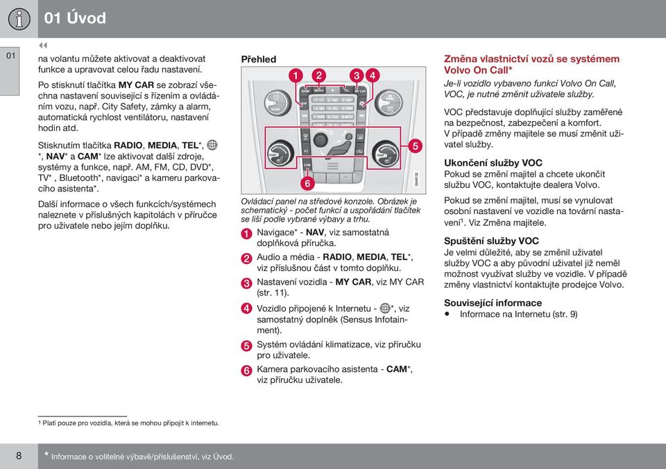 AM, FM, CD, DVD*, TV*, Bluetooth*, navigaci* a kameru parkovacího asistenta*. Další informace o všech funkcích/systémech naleznete v příslušných kapitolách v příručce pro uživatele nebo jejím doplňku.