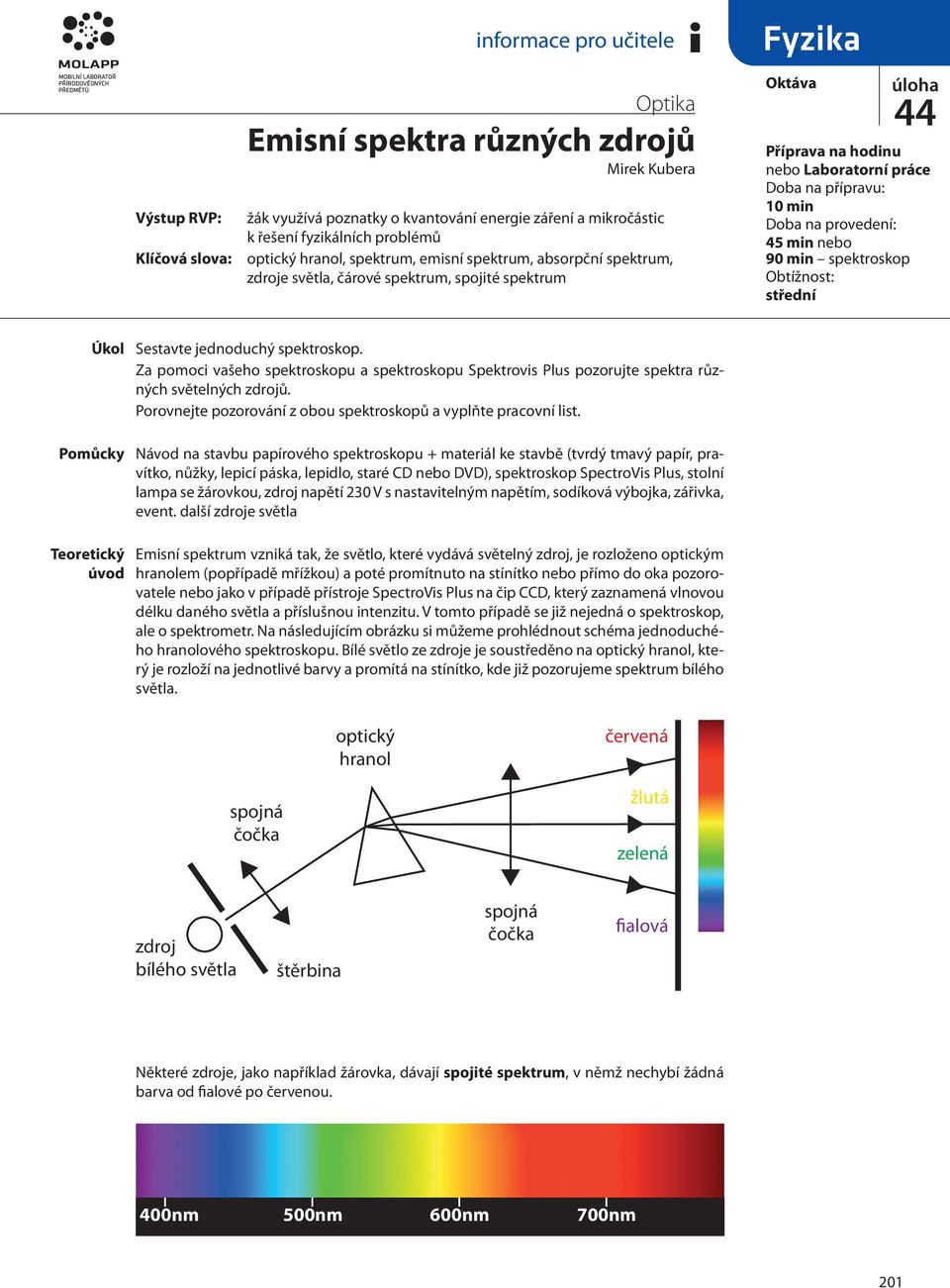 spektroskop Obtížnost: střední Úkol Pomůcky Sestavte jednoduchý spektroskop. Za pomoci vašeho spektroskopu a spektroskopu Spektrovis Plus pozorujte spektra různých světelných zdrojů.