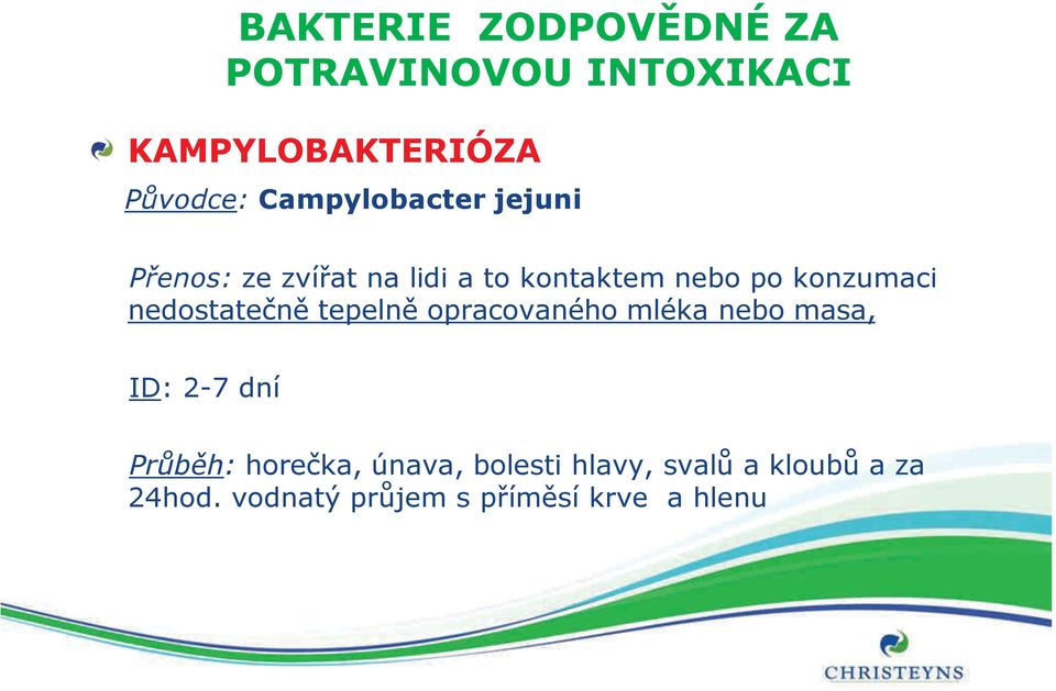 nedostatečně tepelně opracovaného mléka nebo masa, ID: 2-7 dní Průběh: horečka,
