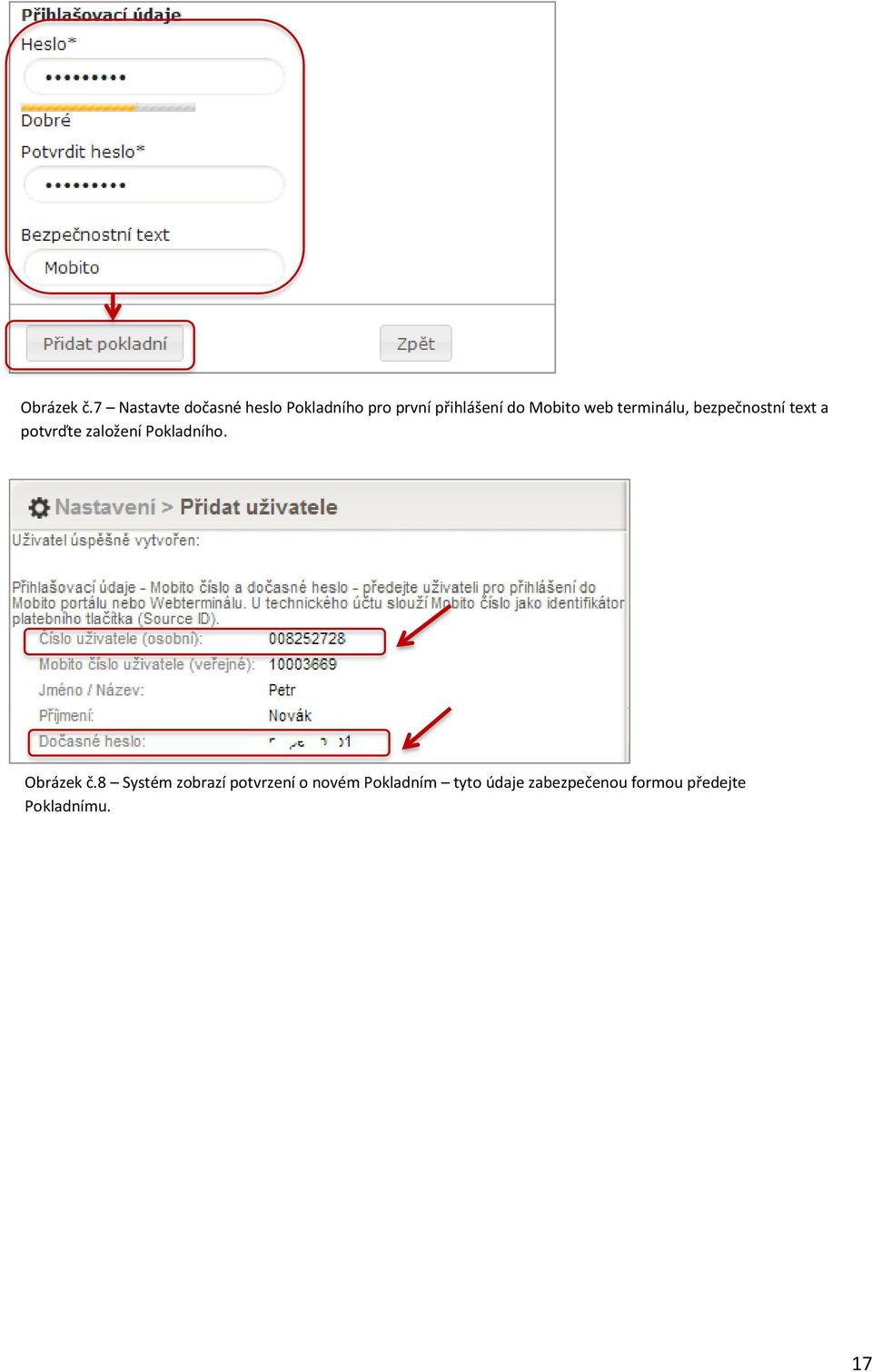 Mobito web terminálu, bezpečnostní text a potvrďte založení