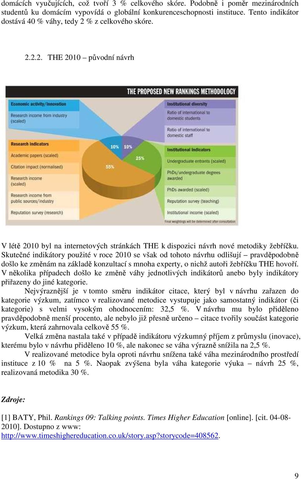 Skutečné indikátory použité v roce 2010 se však od tohoto návrhu odlišují pravděpodobně došlo ke změnám na základě konzultací s mnoha experty, o nichž autoři žebříčku THE hovoří.