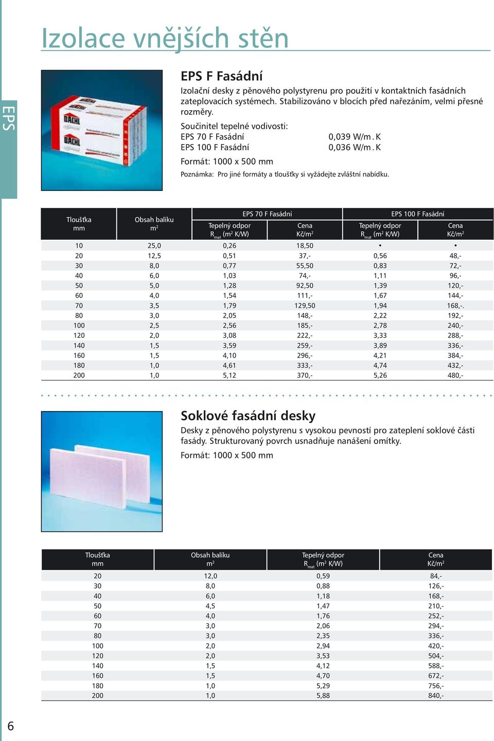 EPS 70 F Fasádní EPS 100 F Fasádní 10 25,0 0,26 18,50 20 12,5 0,51 37,- 0,56 48,- 30 8,0 0,77 55,50 0,83 72,- 40 6,0 1,03 74,- 1,11 96,- 50 5,0 1,28 92,50 1,39 120,- 60 4,0 1,54 111,- 1,67 144,- 70