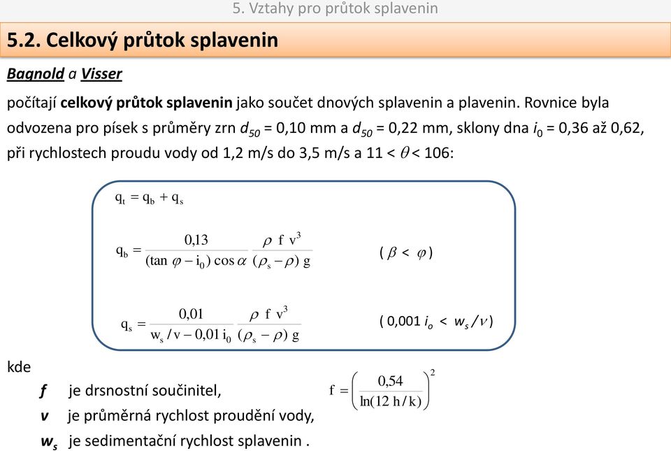 Rovnice byla ovozena pro písek s průměry zrn 50 = 0,10 mm a 50 = 0,22 mm, sklony na i 0 = 0,36 až 0,62, při rychlostech prouu voy o 1,2