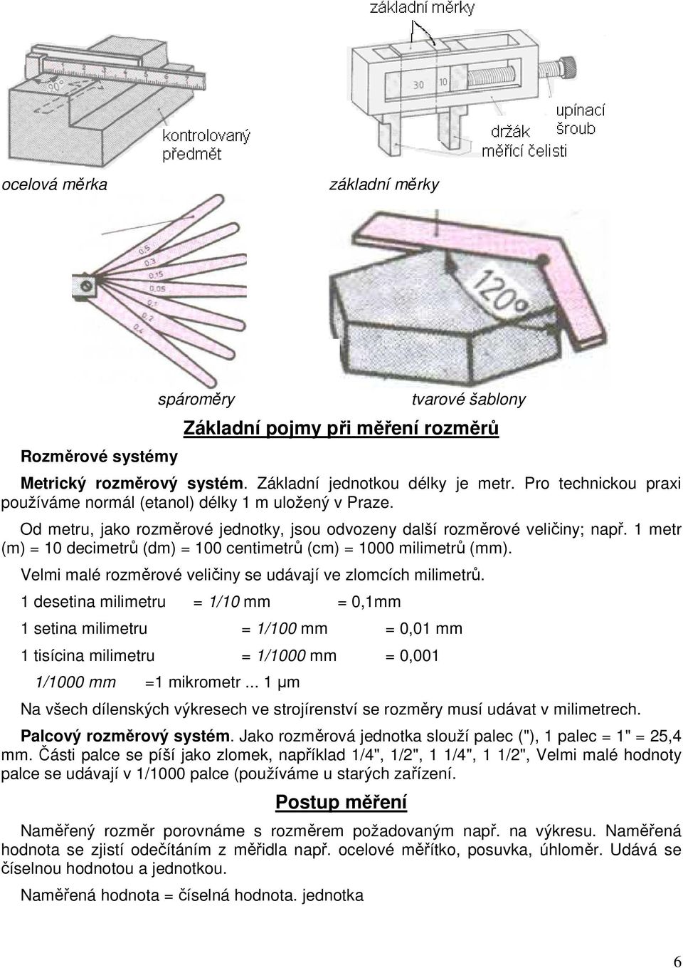 1 metr (m) = 10 decimetrů (dm) = 100 centimetrů (cm) = 1000 milimetrů (mm). Velmi malé rozměrové veličiny se udávají ve zlomcích milimetrů.