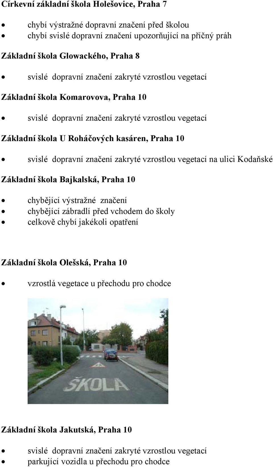 Kodaňské Základní škola Bajkalská, Praha 10 chybějící výstražné značení chybějící zábradlí před vchodem do školy celkově chybí jakékoli