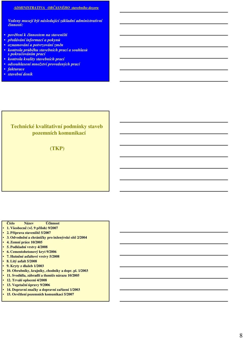 podmínky staveb pozemních komunikací (TKP) Číslo Název Účinnost 1. Všeobecně (vč. 9 příloh) 9/2007 2. Příprava staveniště 5/2007 3. Odvodnění a chráničky pro inženýrské sítě 2/2004 4.