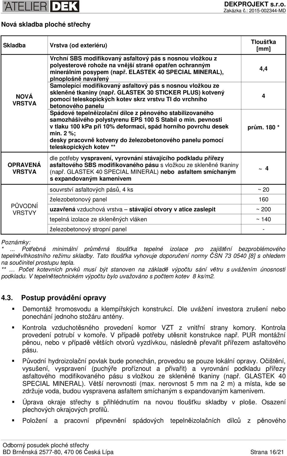 GLASTEK 30 STICKER PLUS) kotvený pomocí teleskopických kotev skrz vrstvu TI do vrchního betonového panelu Spádové tepelněizolační dílce z pěnového stabilizovaného samozhášivého polystyrenu EPS 100 S