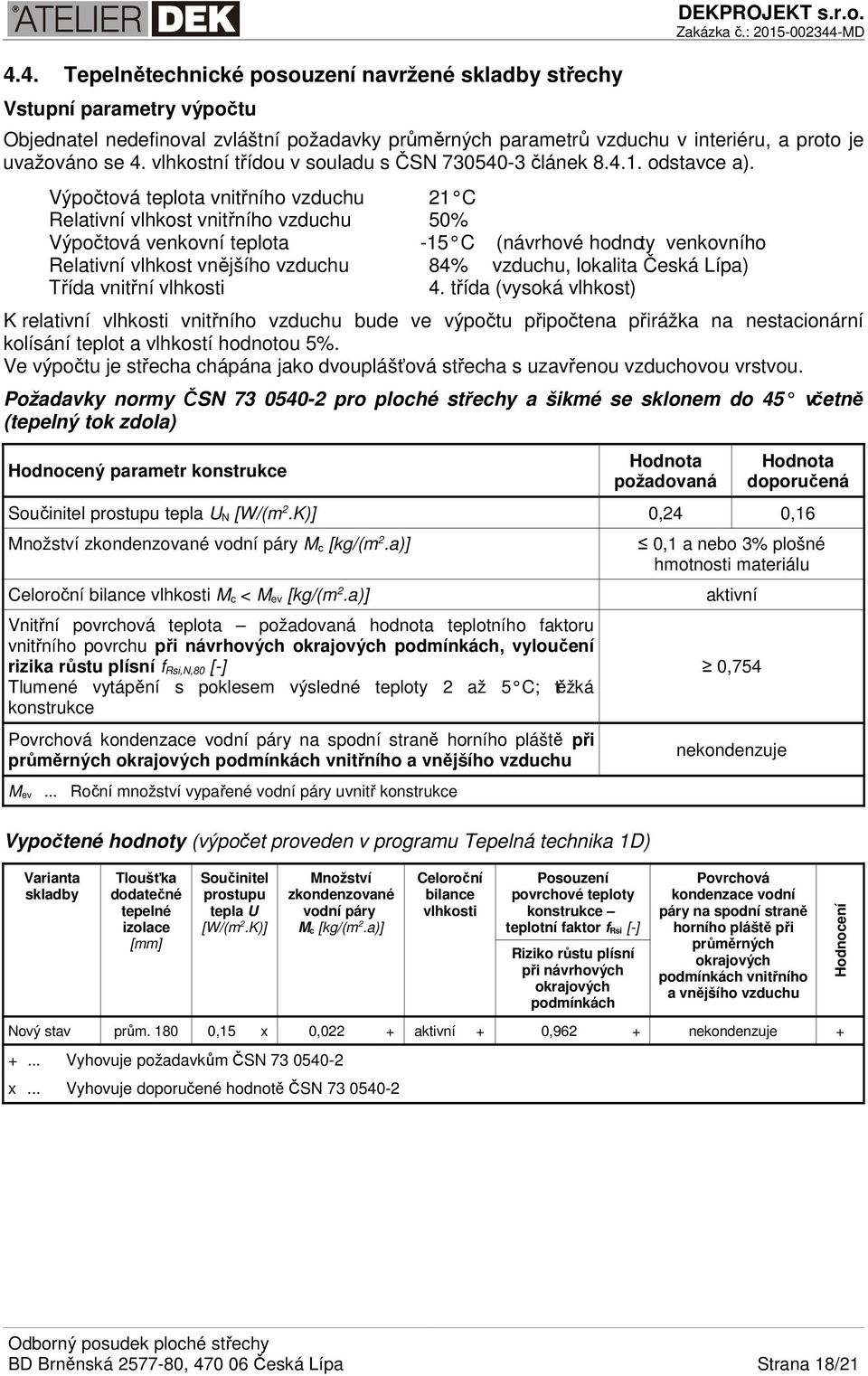 Výpočtová teplota vnitřního vzduchu 21 C Relativní vlhkost vnitřního vzduchu 50% Výpočtová venkovní teplota -15 C (návrhové hodnoty venkovního Relativní vlhkost vnějšího vzduchu 84% vzduchu, lokalita