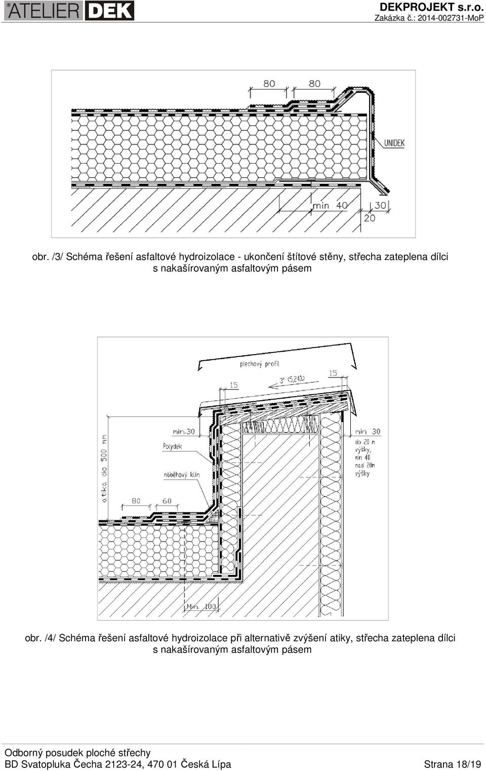 /4/ Schéma řešení asfaltové hydroizolace při alternativě zvýšení atiky, střecha