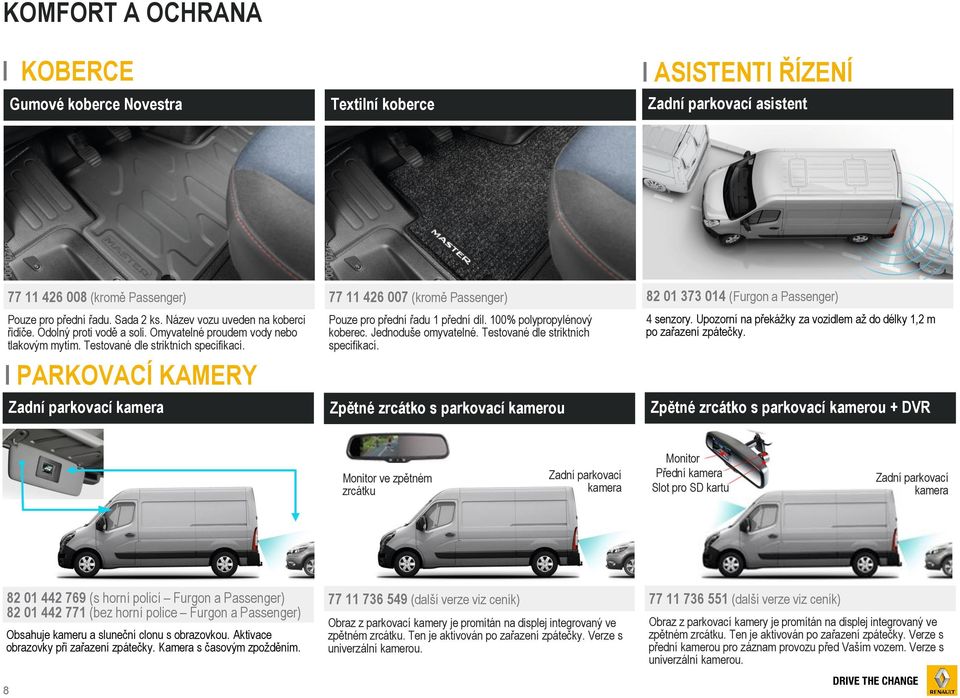 I PARKOVACÍ KAMERY Zadní parkovací kamera 77 11 426 007 (kromě Passenger) Pouze pro přední řadu 1 přední díl. 100% polypropylénový koberec. Jednoduše omyvatelné. Testované dle striktních specifikací.