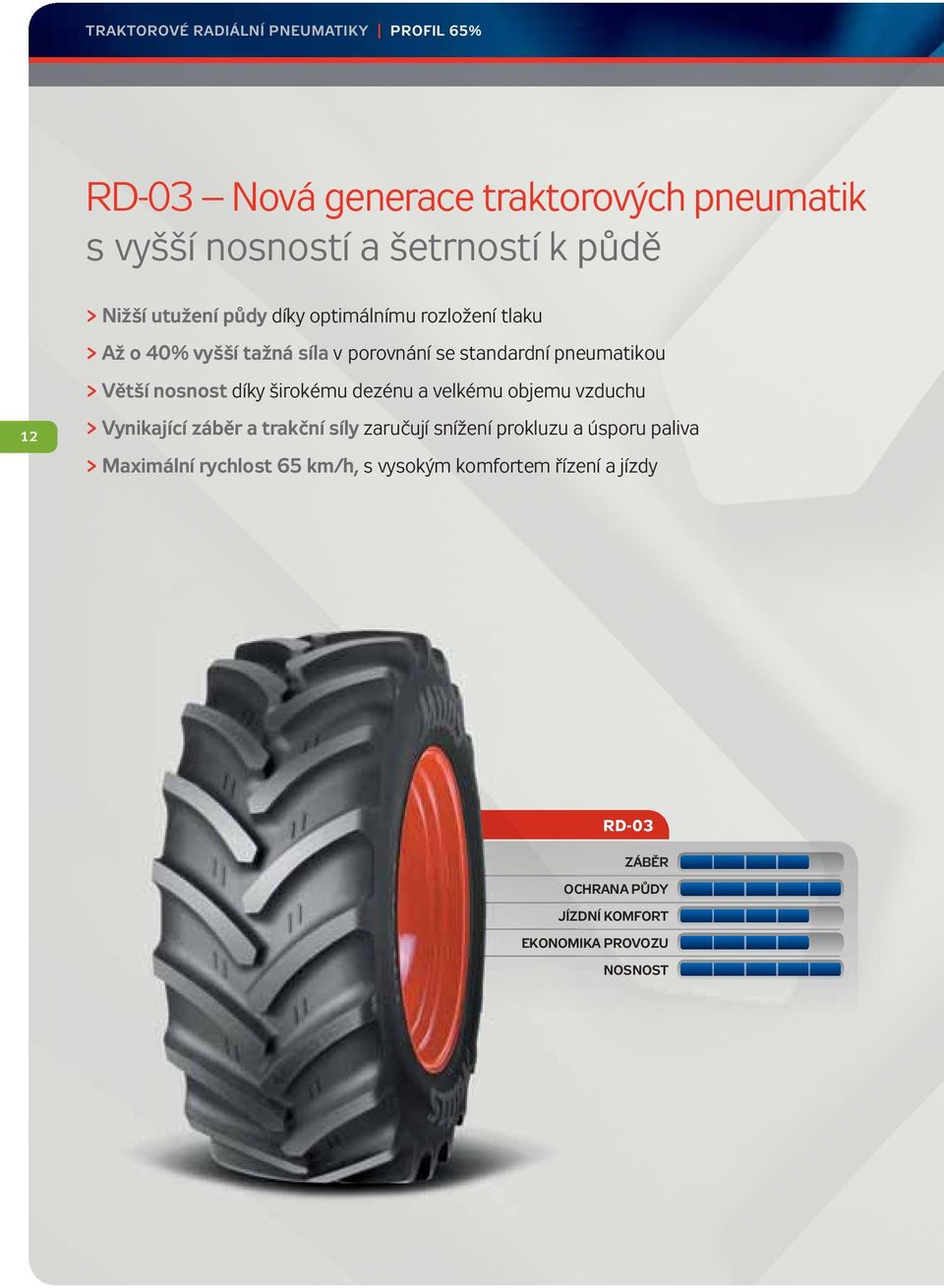 nosnost díky širokému dezénu a velkému objemu vzduchu 12 > Vynikající záběr a trakční síly zaručují snížení prokluzu a úsporu