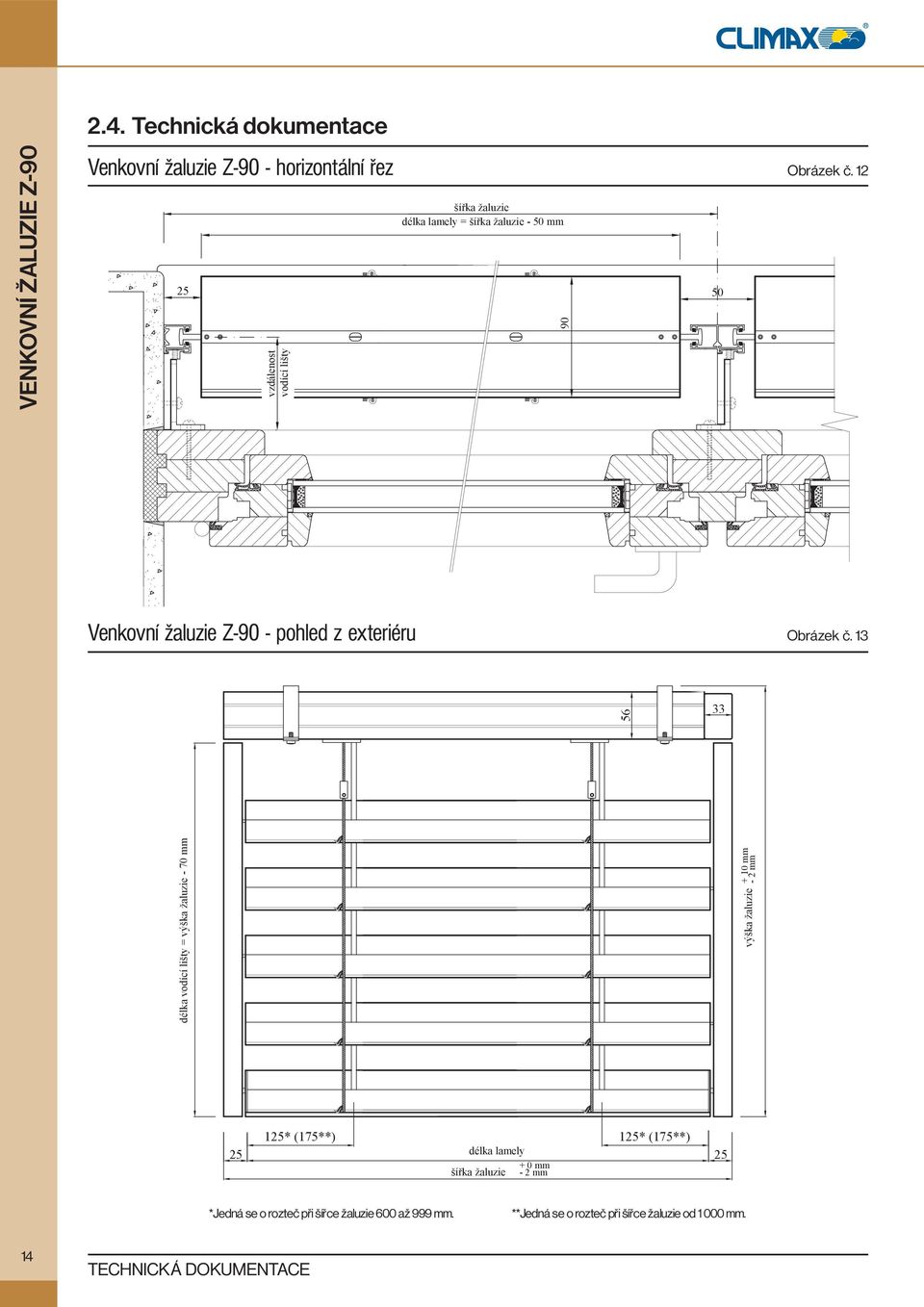 13 56 33 délka vodící lišty = výška žaluzie - 70 mm výška žaluzie + 10 mm - 2 mm 125* (175**) 125* (175**) 25 délka lamely 25 + 0