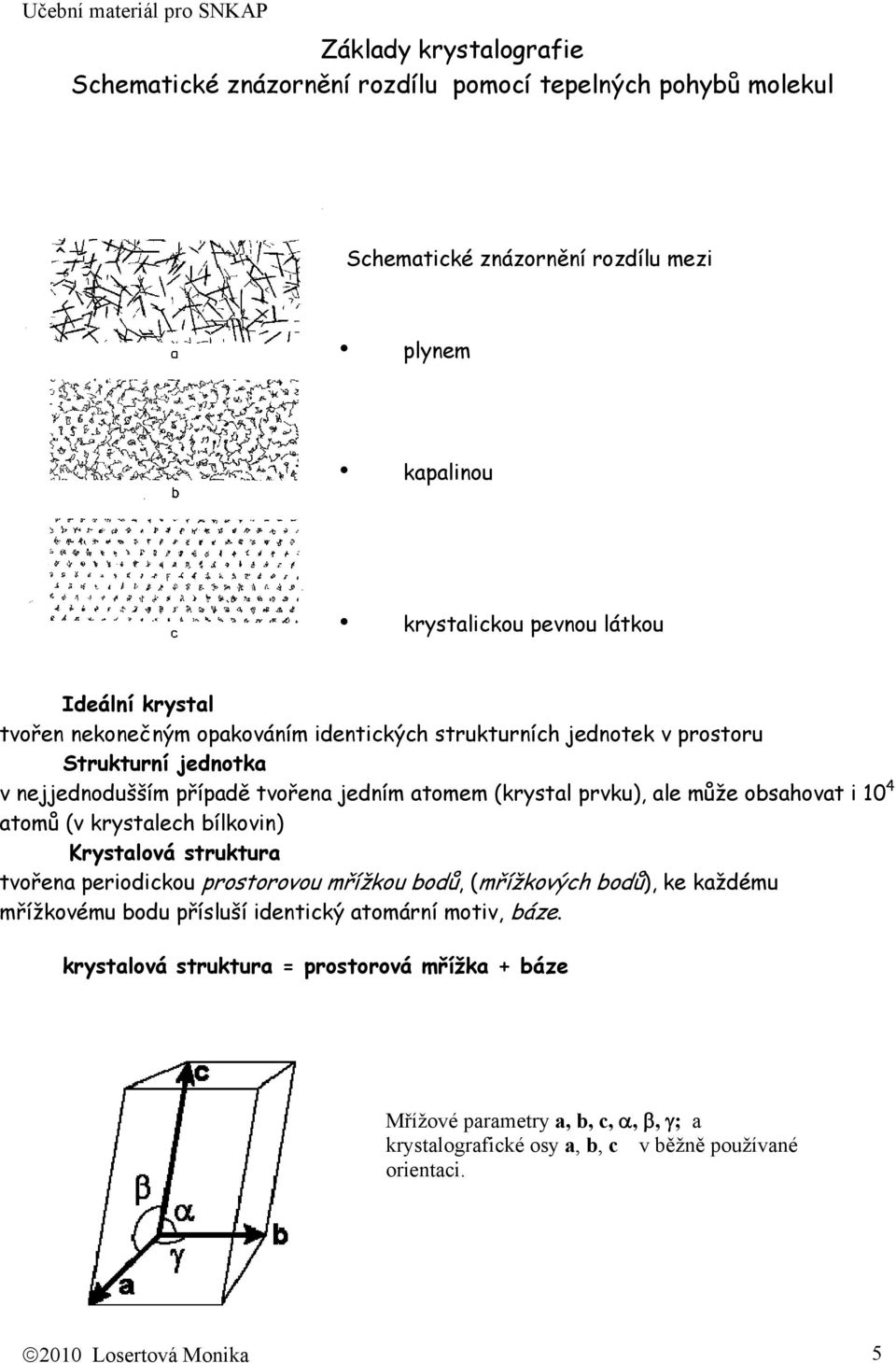 obsahovat i 10 4 atomů (v krystalech bílkovin) Krystalová struktura tvořena periodickou prostorovou mřížkou bodů, (mřížkových bodů), ke každému mřížkovému bodu přísluší identický