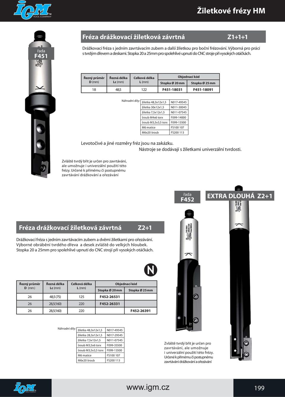 Řezný průměr Řezná délka Celková délka D (mm) Lc (mm) L (mm) Stopka Ø 20 mm Stopka Ø 25 mm 18 48,5 122 F451-18031 F451-18091 Náhradní díly: žiletka 48,3x12x1,5 N017-49545 žiletka 30x12x1,5 N011-30045