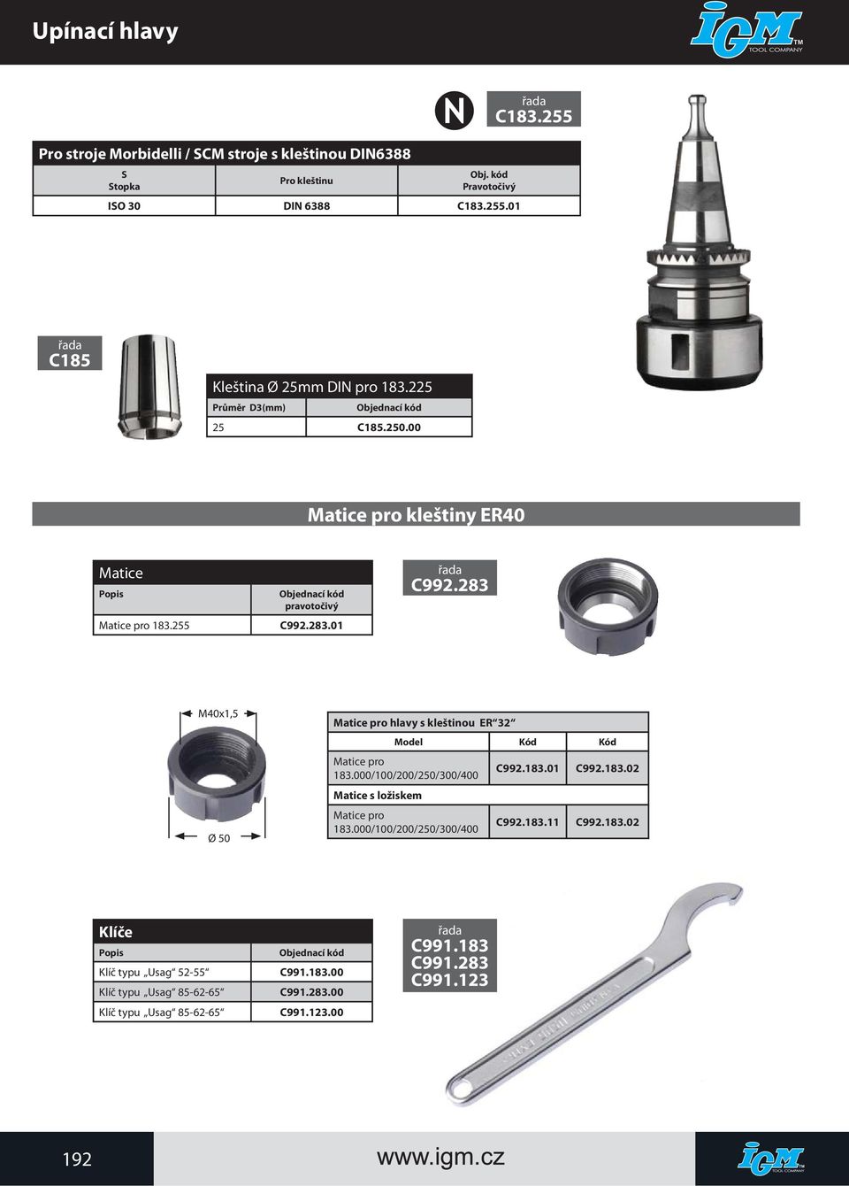 283 M40x1,5 Ø 50 Matice pro hlavy s kleštinou ER 32 Model Matice pro 183.000/100/200/250/300/400 Matice s ložiskem Matice pro 183.000/100/200/250/300/400 C992.183.01 C992.