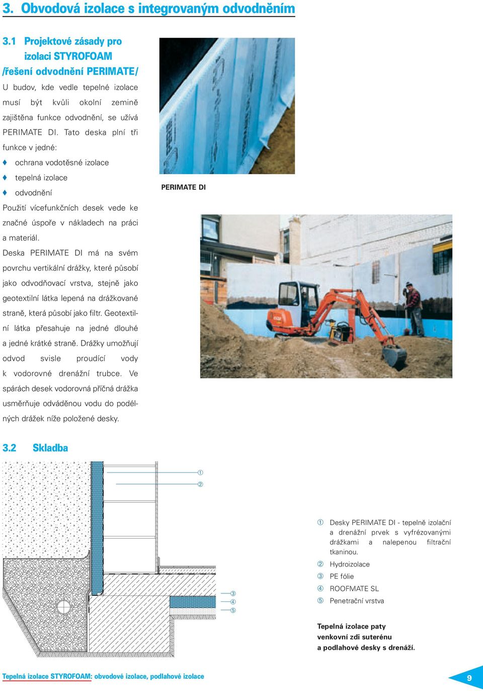 Tato deska plní tři funkce v jedné: ochrana vodotěsné izolace tepelná izolace odvodnění PERIMATE DI Použití vícefunkčních desek vede ke značné úspoře v nákladech na práci a materiál.