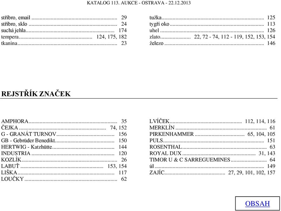 .. 150 HERTWIG - Katzhütte... 144 INDUSTRIA... 120 KOZLÍK... 26 LABUŤ... 153, 154 LIŠKA... 117 LOUČKY... 62 LVÍČEK... 112, 114, 116 MERKLÍN.