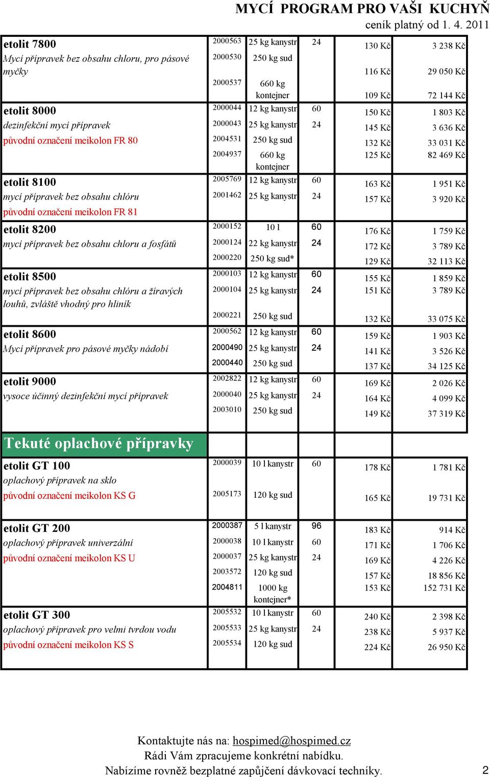 Kč 82 469 Kč kontejner etolit 8100 2005769 12 kg kanystr 60 163 Kč 1 951 Kč mycí přípravek bez obsahu chlóru 2001462 25 kg kanystr 24 157 Kč 3 920 Kč původní označení meikolon FR 81 etolit 8200