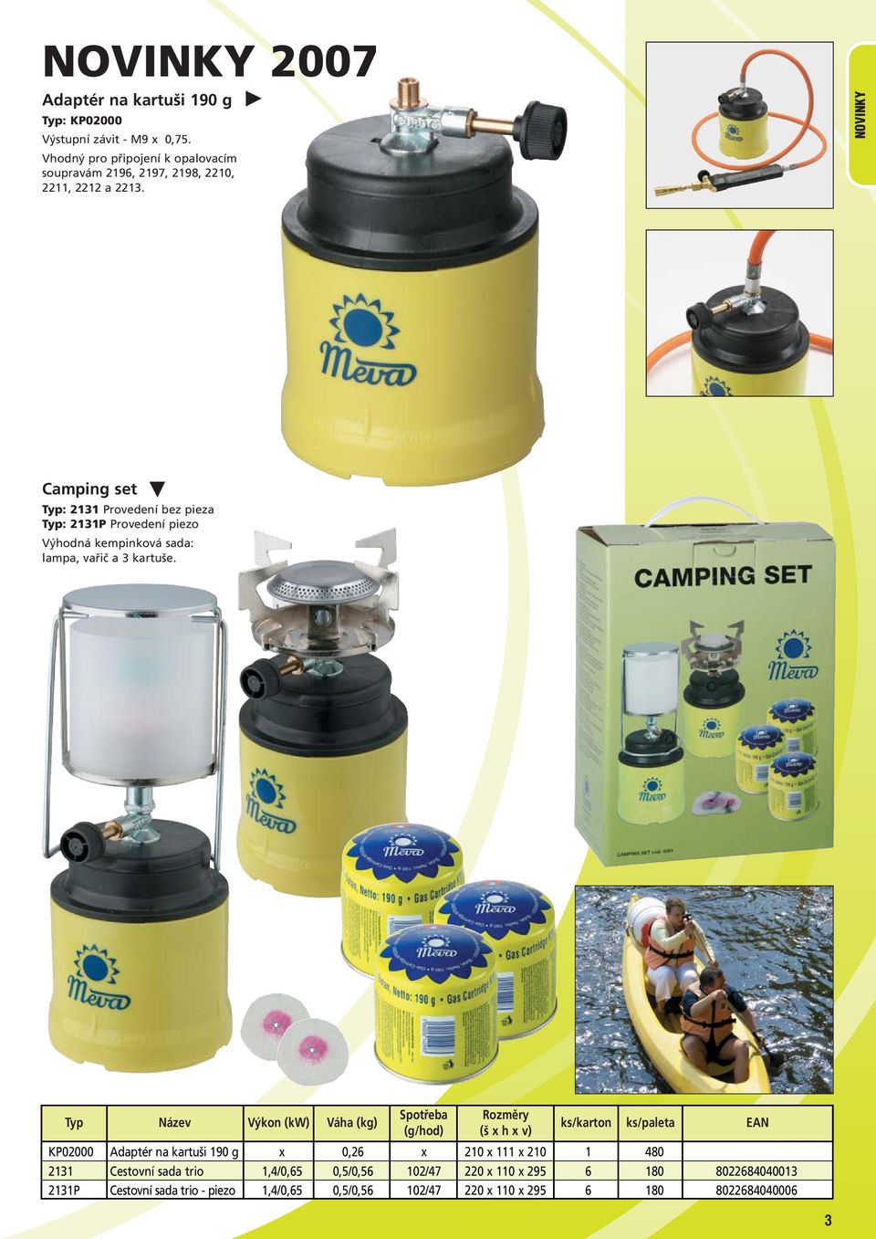 NOVINKY Camping set Typ: 2131 Provedení bez pieza Typ: 2131P Provedení piezo Výhodná kempinková sada: lampa, vařič a 3 kartuše.