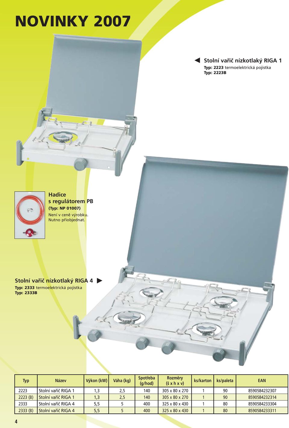 Stolní vařič nízkotlaký RIGA 4 Typ: 2333 termoelektrická pojistka Typ: 2333B 4 Typ Název Výkon (kw) Váha (kg) 2223 Stolní vařič RIGA 1 1,3