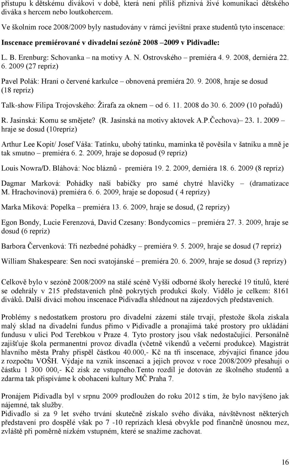 Ostrovského premiéra 4. 9. 2008, derniéra 22. 6. 2009 (27 repríz) Pavel Polák: Hraní o červené karkulce obnovená premiéra 20. 9. 2008, hraje se dosud (18 repríz) Talk-show Filipa Trojovského: Žirafa za oknem od 6.