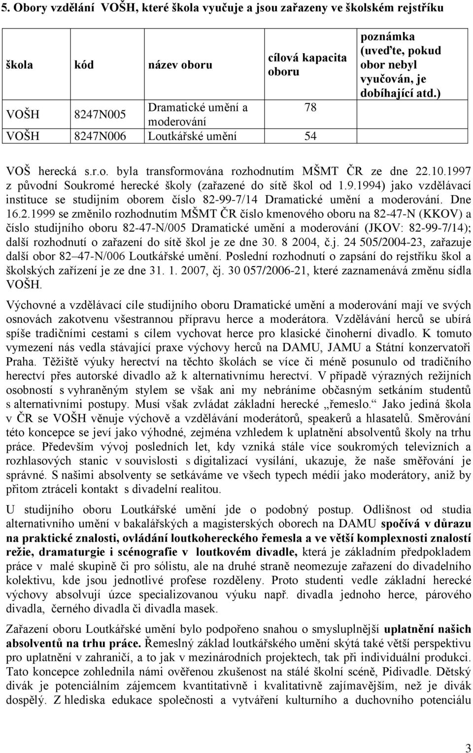 1997 z původní Soukromé herecké školy (zařazené do sítě škol od 1.9.1994) jako vzdělávací instituce se studijním oborem číslo 82-