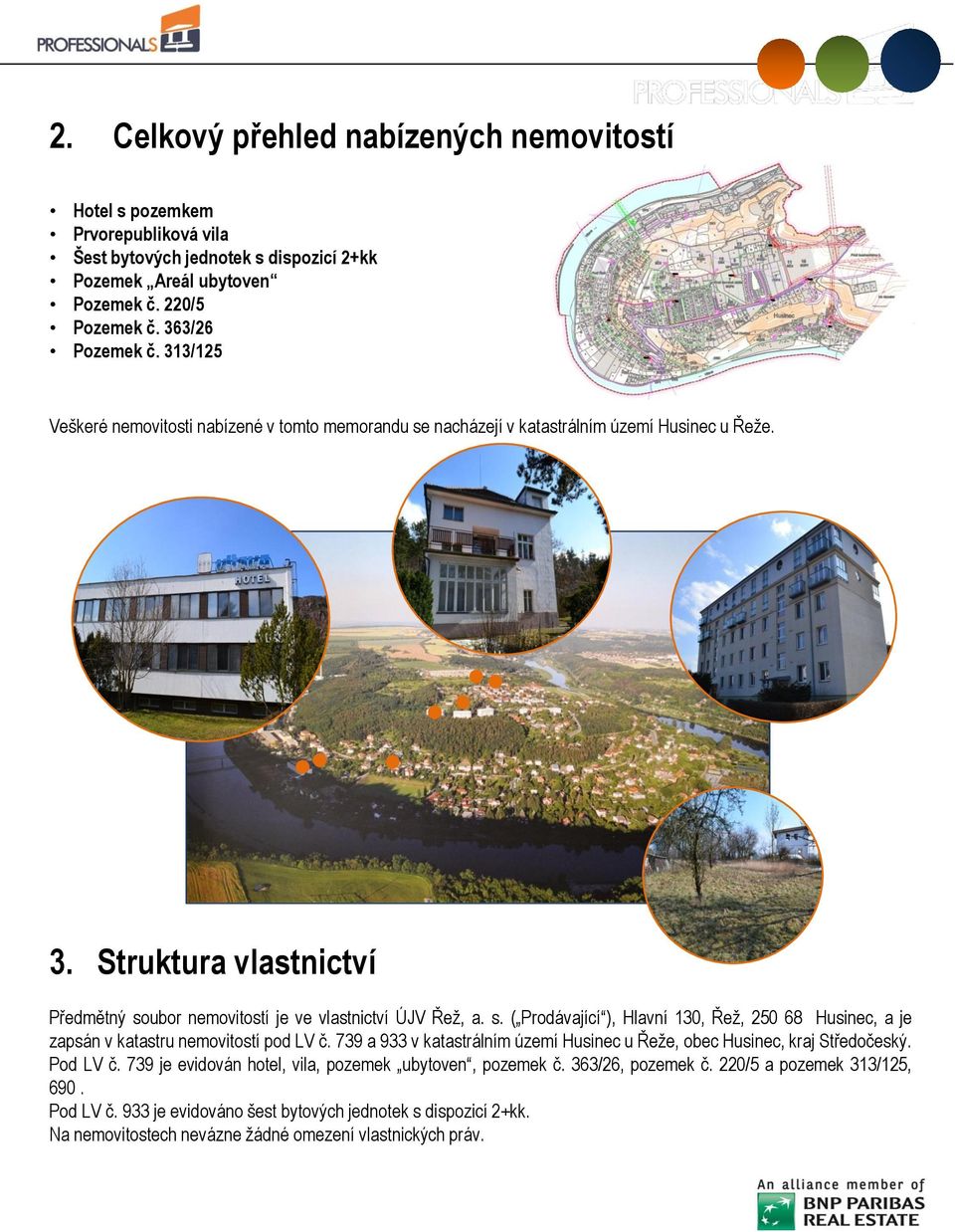 739 a 933 v katastrálním území Husinec u Řeže, obec Husinec, kraj Středočeský. Pod LV č. 739 je evidován hotel, vila, pozemek ubytoven, pozemek č. 363/26, pozemek č. 220/5 a pozemek 313/125, 690.