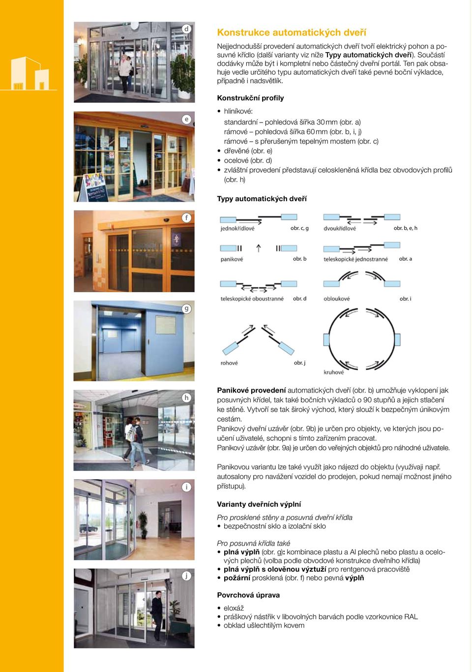 Konstrukční profily e hliníkové: standardní pohledová šířka 30 mm (obr. a) rámové pohledová šířka 60 mm (obr. b, i, j) rámové s přerušeným tepelným mostem (obr. c) dřevěné (obr. e) ocelové (obr.