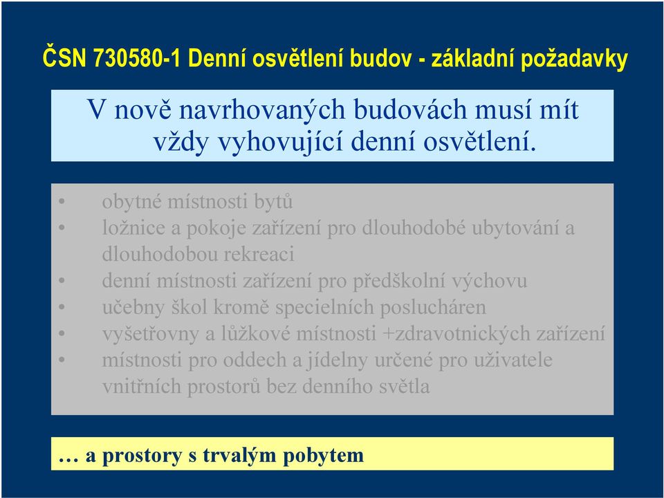 obytné místnosti bytů ložnice a pokoje zařízení pro dlouhodobé ubytování a dlouhodobou rekreaci denní místnosti zařízení