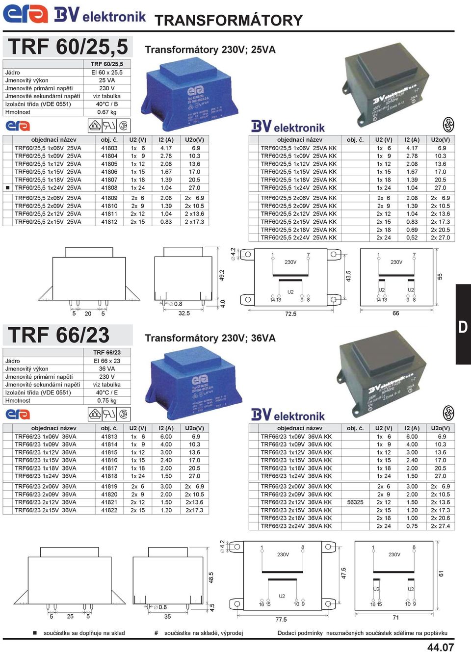 0 TRF60/25,5 2x06V 25VA 41809 2x 6 2.08 2x 6.9 TRF60/25,5 2x09V 25VA 41810 2x 9 1.39 2x 10.5 TRF60/25,5 2x12V 25VA 41811 2x 12 1.04 2 x13.6 TRF60/25,5 2x15V 25VA 41812 2x 15 0.83 2 x17.