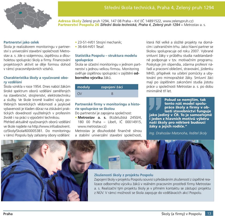 Financování projektových aktivit se děje formou dohod v rámci pracovněprávních vztahů. Charakteristika školy a vyučované obory vzdělání Škola vznikla v roce 1954.