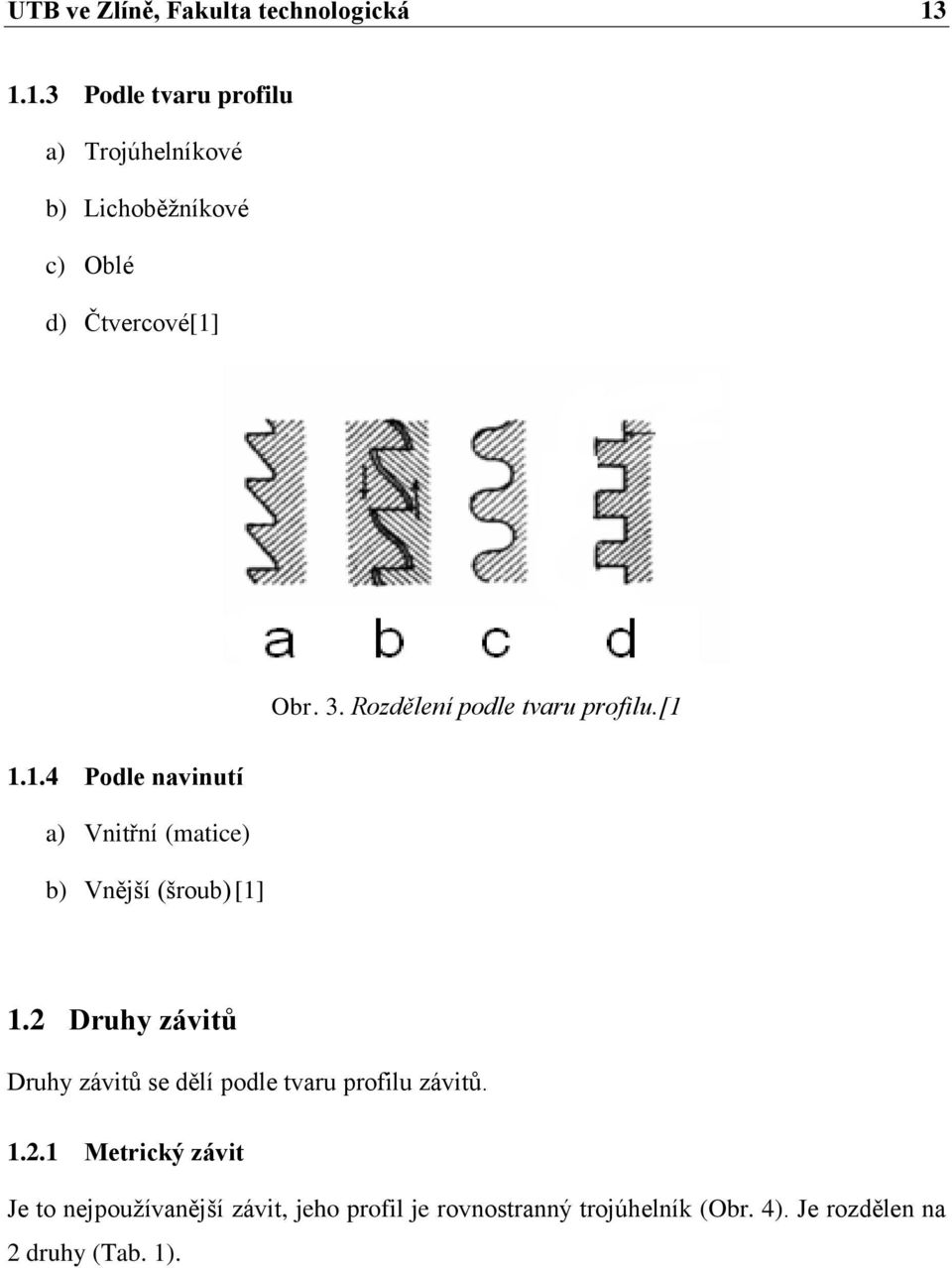 Rozdělení podle tvaru profilu.[1 1.1.4 Podle navinutí a) Vnitřní (matice) b) Vnější (šroub) [1] 1.