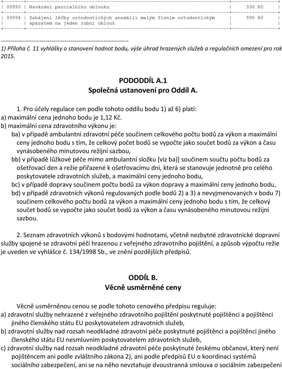 1 Společná ustanovení pro Oddíl A. 1. Pro účely regulace cen podle tohoto oddílu bodu 1) až 6) platí: a) maximální cena jednoho bodu je 1,12 Kč.