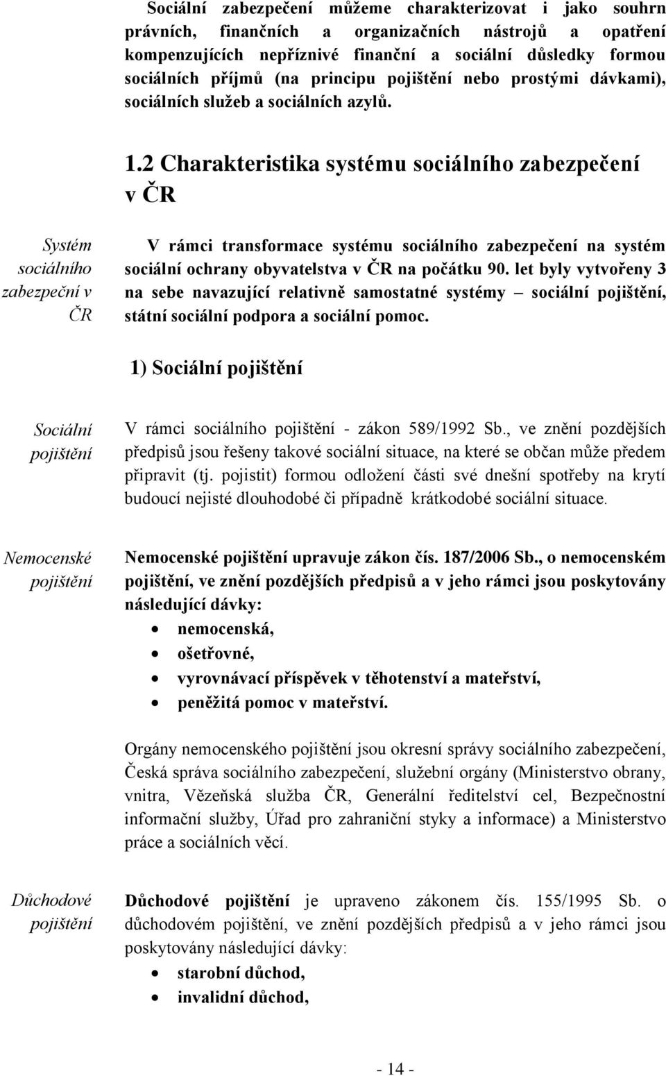 2 Charakteristika systému sociálního zabezpečení v ČR Systém sociálního zabezpeční v ČR V rámci transformace systému sociálního zabezpečení na systém sociální ochrany obyvatelstva v ČR na počátku 90.