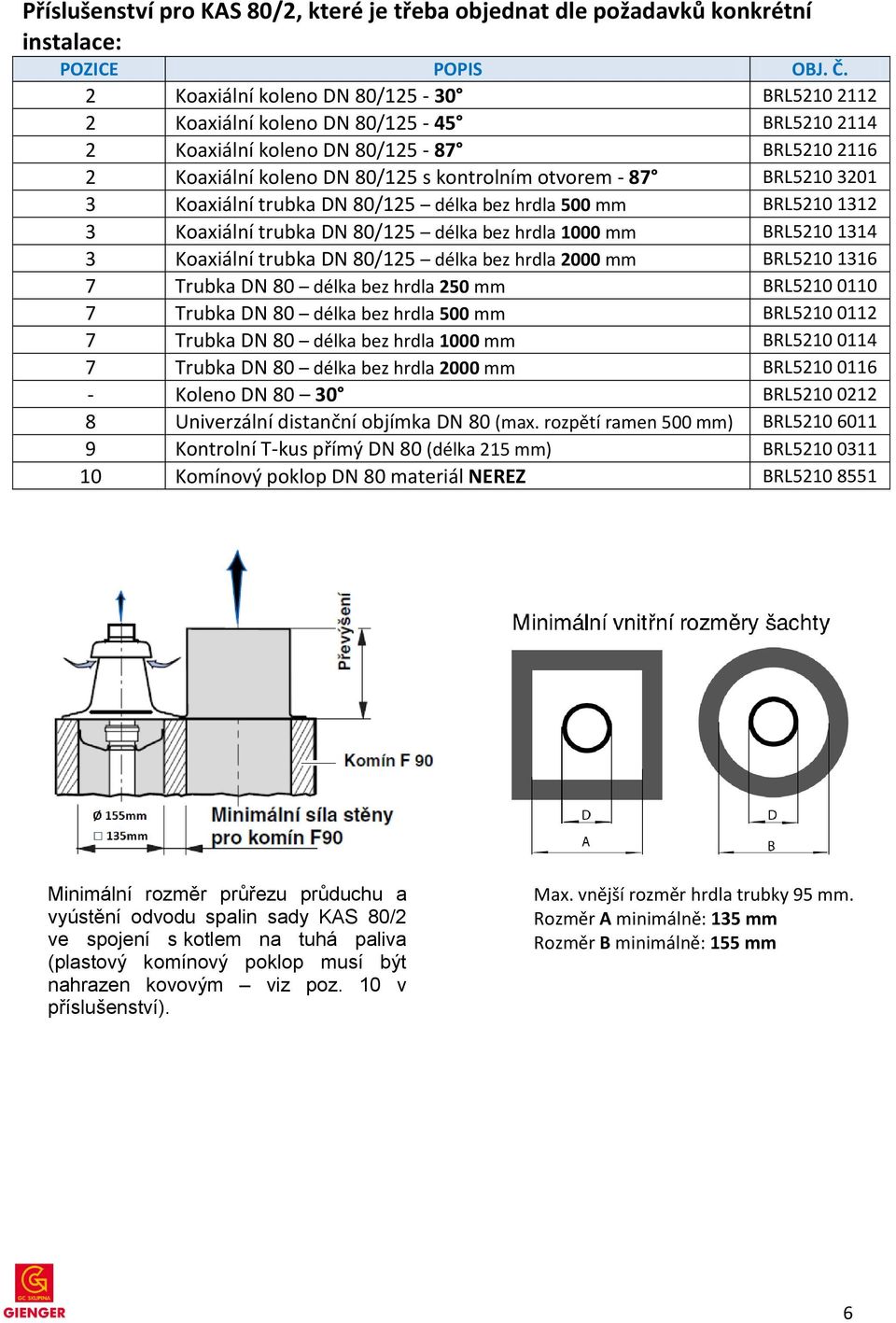 hrdla 1000 mm BRL5210 1314 3 Koaxiální trubka DN 80/125 délka bez hrdla 2000 mm BRL5210 1316 7 Trubka DN 80 délka bez hrdla 250 mm BRL5210 0110 7 Trubka DN 80 délka bez hrdla 500 mm BRL5210 0112 7
