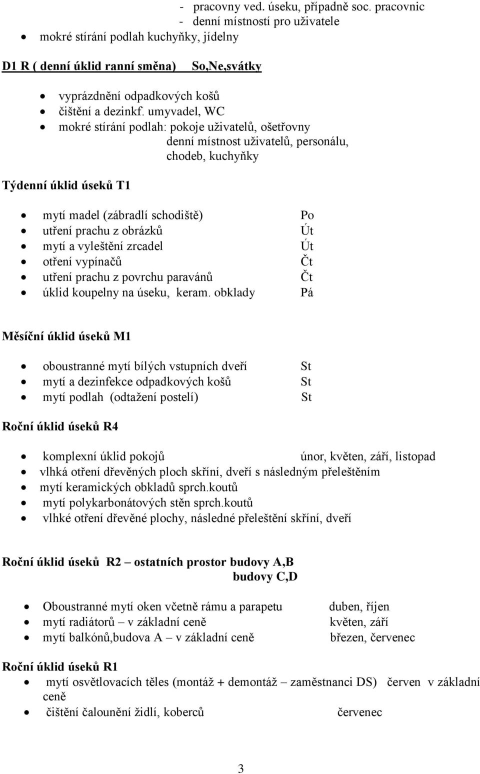umyvadel, WC mokré stírání podlah: pokoje uživatelů, ošetřovny denní místnost uživatelů, personálu, chodeb, kuchyňky Týdenní úklid úseků T1 mytí madel (zábradlí schodiště) Po utření prachu z obrázků