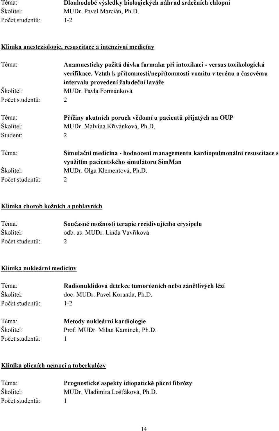 Malvína Křivánková, Ph.D. Simulační medicína - hodnocení managementu kardiopulmonální resuscitace s využitím pacientského simulátoru SimMan MUDr. Olga Klementová, Ph.D. Klinika chorob kožních a pohlavních Současné možnosti terapie recidivujícího erysipelu odb.