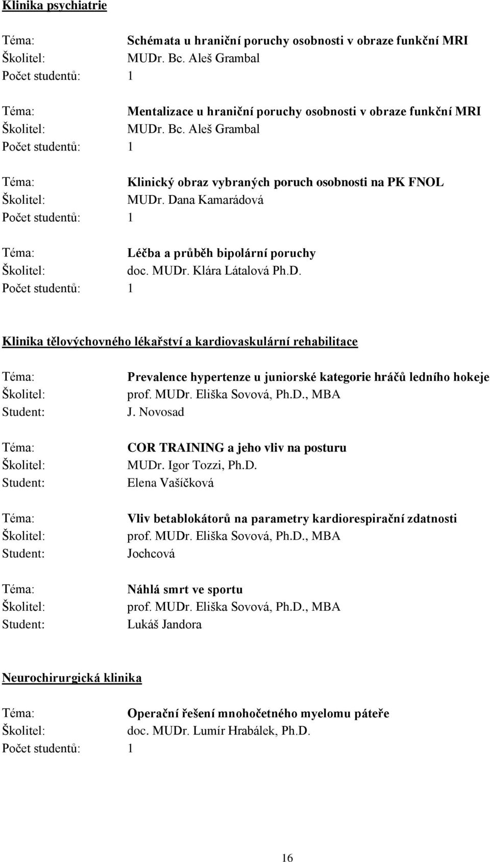 MUDr. Eliška Sovová, Ph.D., MBA J. Novosad COR TRAINING a jeho vliv na posturu MUDr. Igor Tozzi, Ph.D. Elena Vašíčková Vliv betablokátorů na parametry kardiorespirační zdatnosti prof. MUDr. Eliška Sovová, Ph.D., MBA Jochcová Náhlá smrt ve sportu prof.