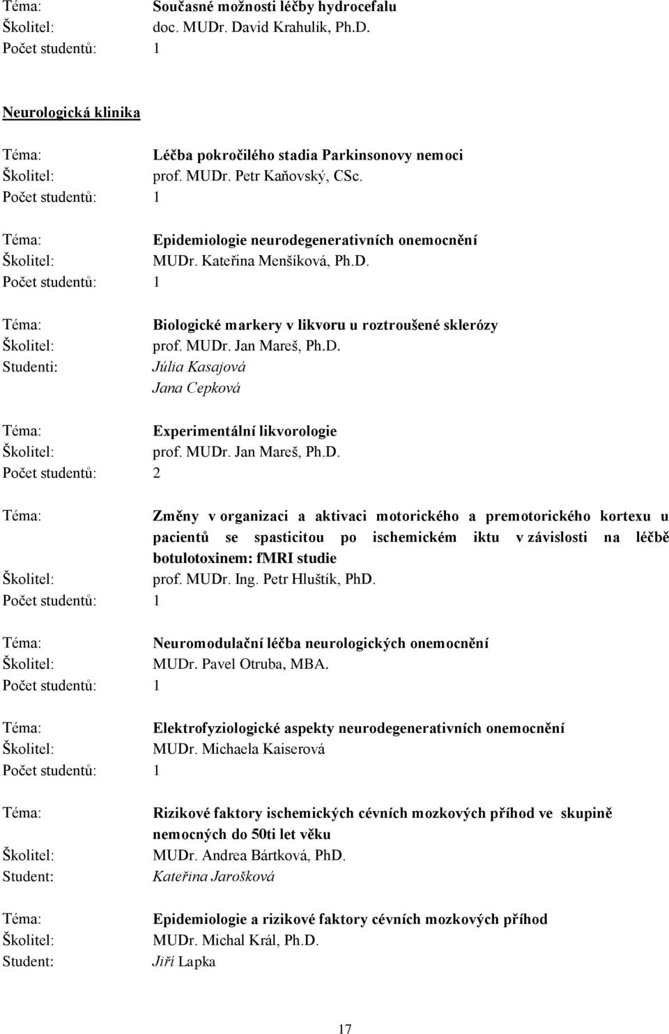 MUDr. Jan Mareš, Ph.D. Změny v organizaci a aktivaci motorického a premotorického kortexu u pacientů se spasticitou po ischemickém iktu v závislosti na léčbě botulotoxinem: fmri studie prof. MUDr.