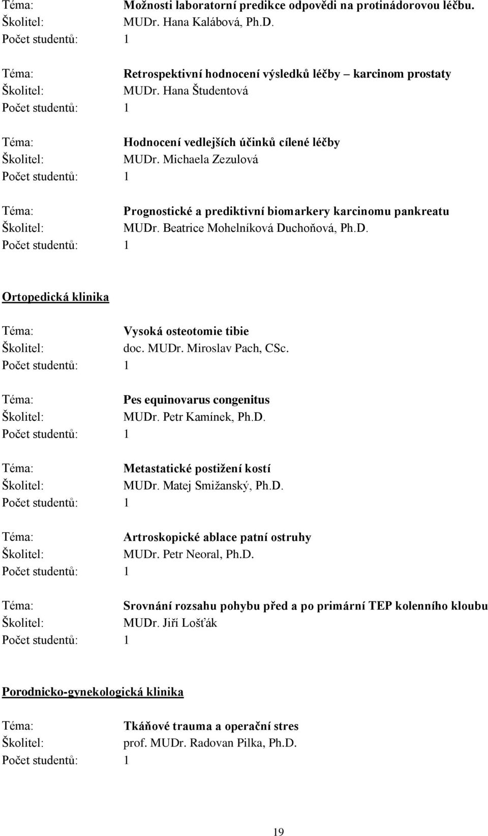 MUDr. Miroslav Pach, CSc. Pes equinovarus congenitus MUDr. Petr Kamínek, Ph.D. Metastatické postižení kostí MUDr. Matej Smižanský, Ph.D. Artroskopické ablace patní ostruhy MUDr.