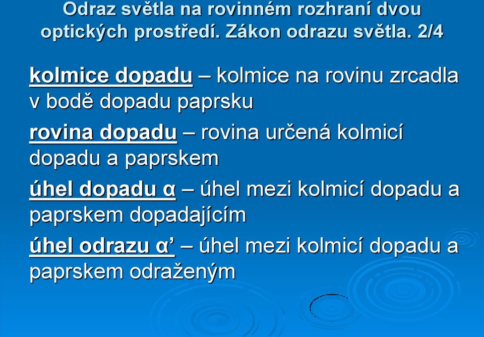 rovina určená kolmicí dopadu a paprskem úhel dopadu α úhel mezi kolmicí dopadu a