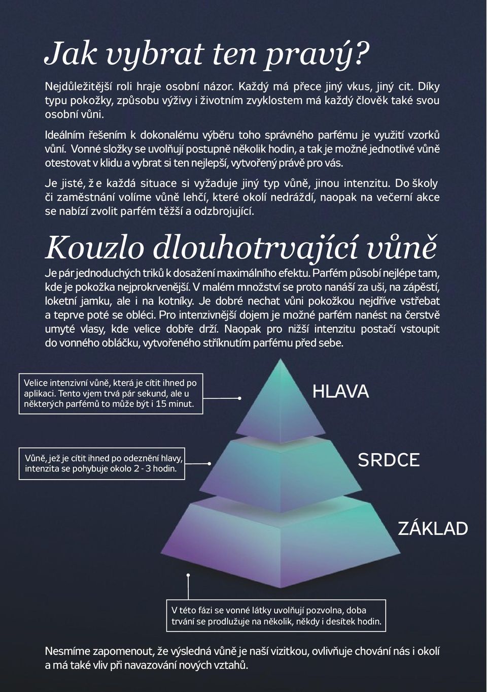 Vonné složky se uvolňují postupně několik hodin, a tak je možné jednotlivé vůně otestovat v klidu a vybrat si ten nejlepší, vytvořený právě pro vás.