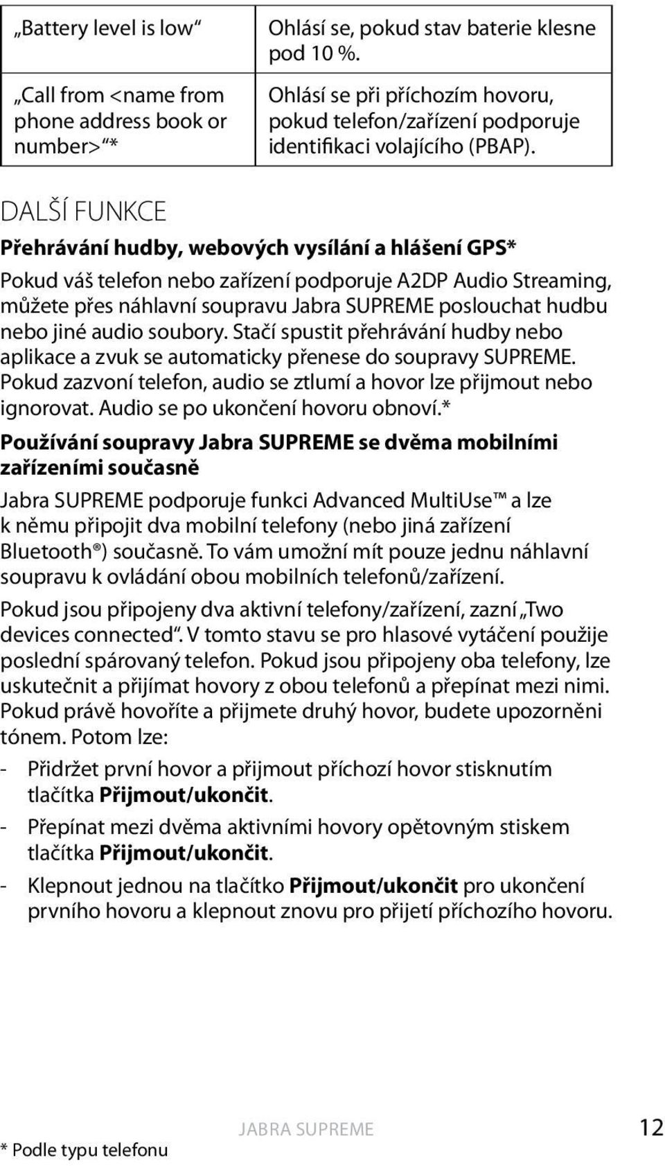DALŠÍ FUNKCE Přehrávání hudby, webových vysílání a hlášení GPS* Pokud váš telefon nebo zařízení podporuje A2DP Audio Streaming, můžete přes náhlavní soupravu poslouchat hudbu nebo jiné audio soubory.