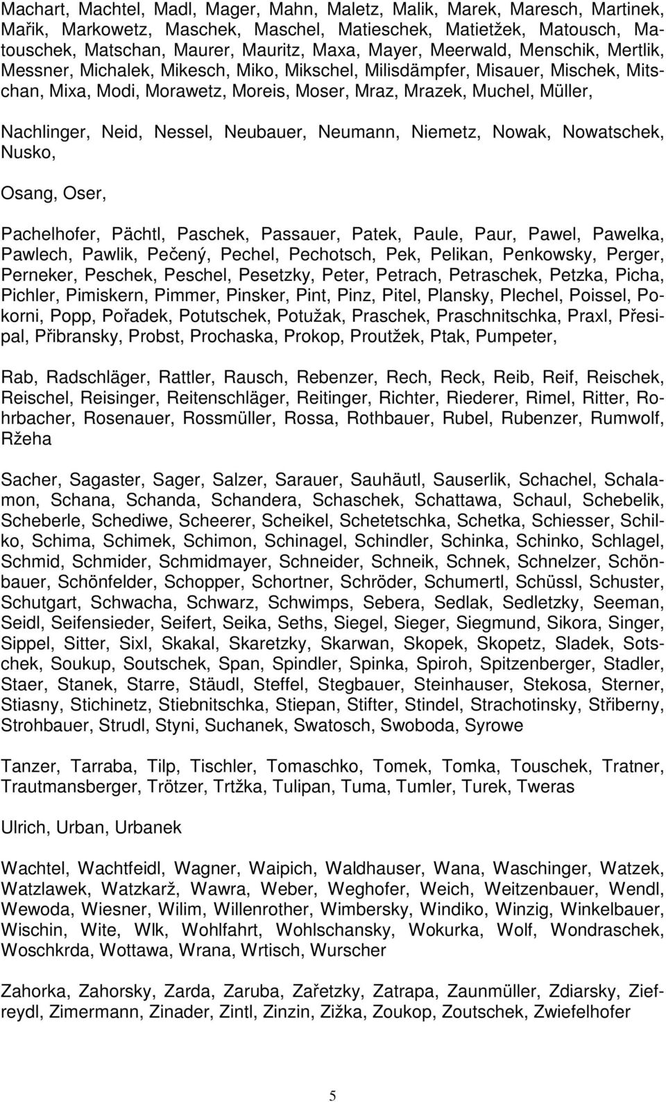 Nessel, Neubauer, Neumann, Niemetz, Nowak, Nowatschek, Nusko, Osang, Oser, Pachelhofer, Pächtl, Paschek, Passauer, Patek, Paule, Paur, Pawel, Pawelka, Pawlech, Pawlik, Pečený, Pechel, Pechotsch, Pek,