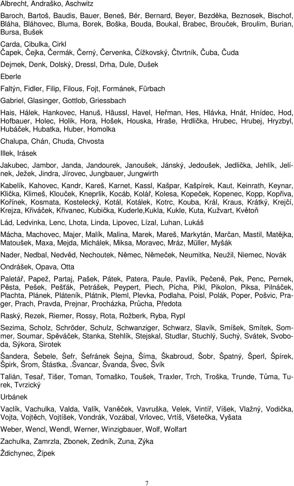 Fojt, Formánek, Fürbach Gabriel, Glasinger, Gottlob, Griessbach Hais, Hálek, Hankovec, Hanuš, Häussl, Havel, Heřman, Hes, Hlávka, Hnát, Hnídec, Hod, Hofbauer, Holec, Holik, Hora, Hošek, Houska,